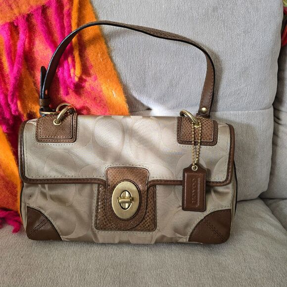 Coach Peyton Khaki/ Nutmeg Signature Sateen Flap Shoulder Bag - Picture 6 of 7